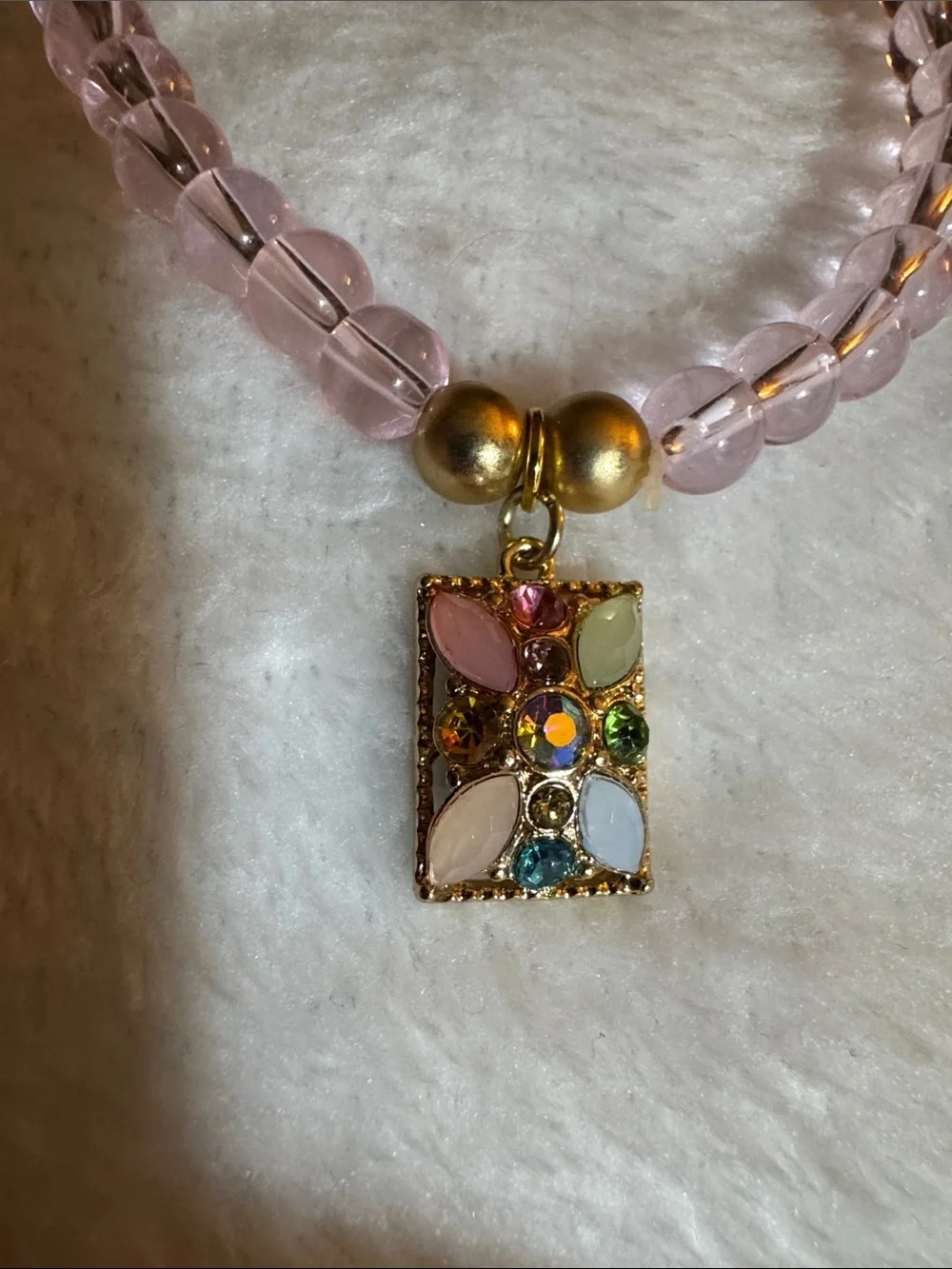 Pink Beaded Charm Bracelet with Multicolor Gem Pendant